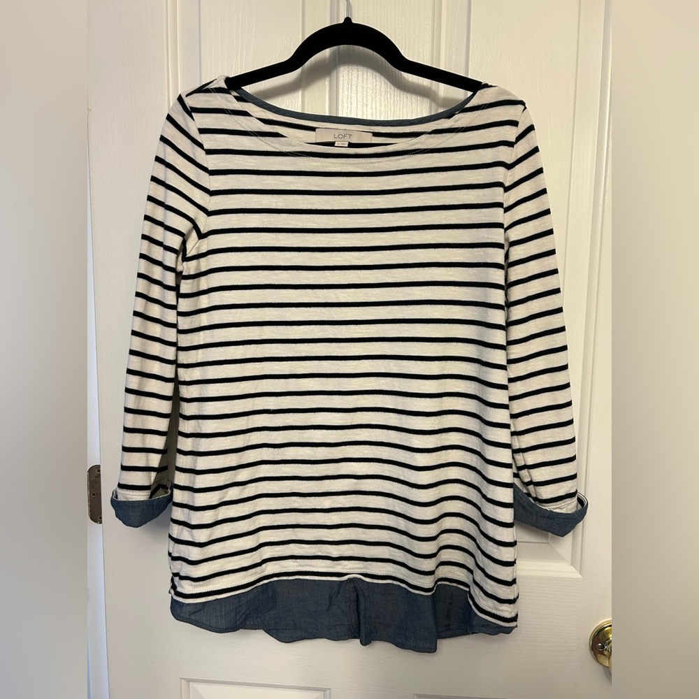 LOFT Navy and White Striped Long Sleeve Top with Denim trim on Hem, Size Medium - Picture 6 of 6